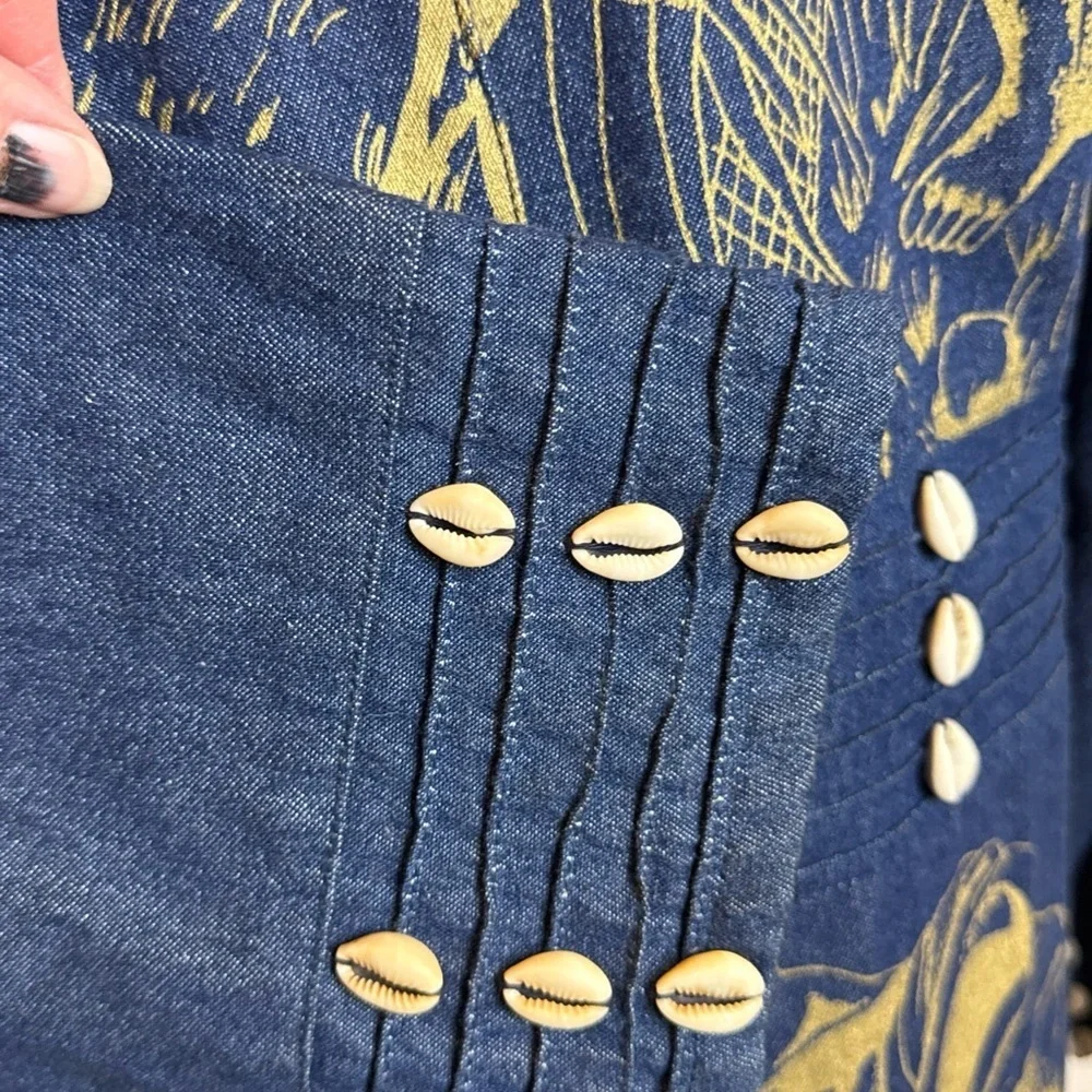 Molato African Denim Coat Jacket Duster Small Vintage 90s Gold Print